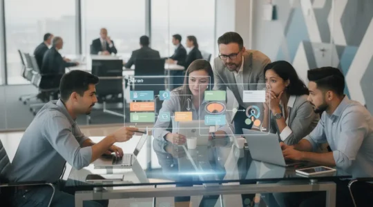 Cross-functional data team collaborating in modern corporate environment with agile visualization boards