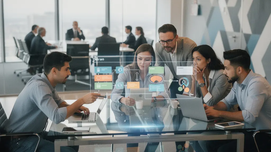 Cross-functional data team collaborating in modern corporate environment with agile visualization boards