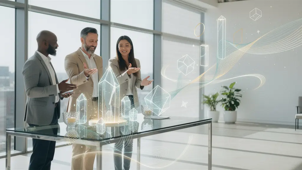 Marketing professionals analyzing AI-powered data insights in modern office