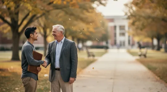 Two professionals shaking hands across a university campus walkway, symbolizing alumni mentorship bridging education to employment