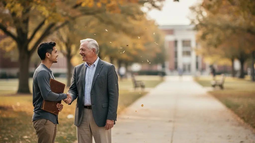 Two professionals shaking hands across a university campus walkway, symbolizing alumni mentorship bridging education to employment