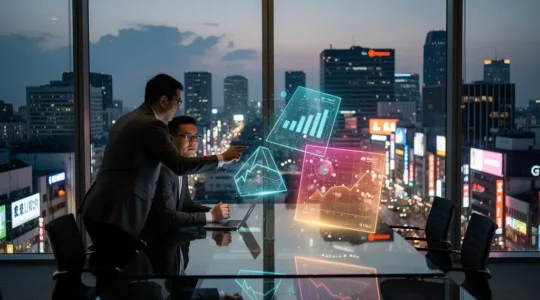 Business executives examining Asian marketplace interfaces on multiple screens showing cultural design differences