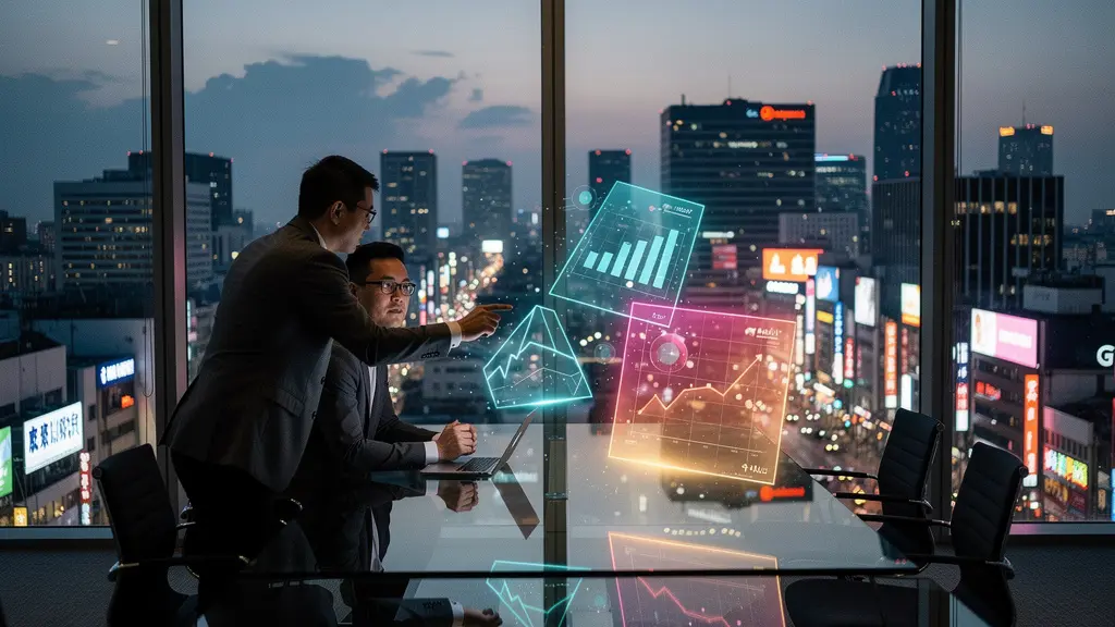 Business executives examining Asian marketplace interfaces on multiple screens showing cultural design differences