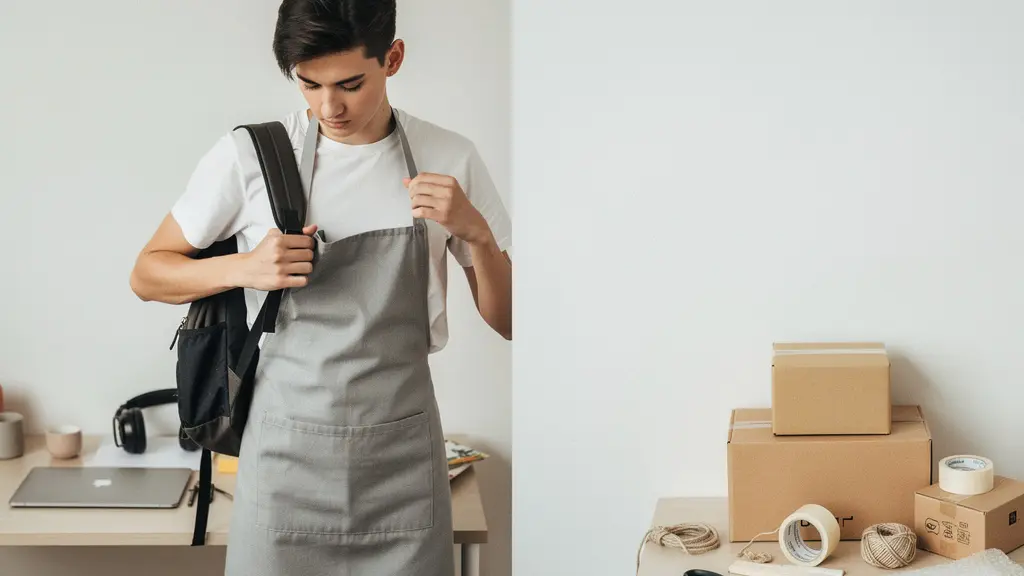 A student balancing study time and a small side business in a bright, minimalist room with clear negative space.