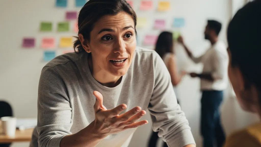 Facilitator using hand gestures to guide discussion with participants arranging colorful cards on wall