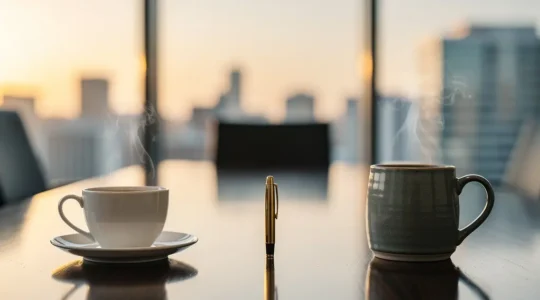 Two professionals in a modern glass meeting room engaged in a negotiation, one leaning forward assertively while the other listens with folded hands, warm afternoon light casting long shadows across the table.