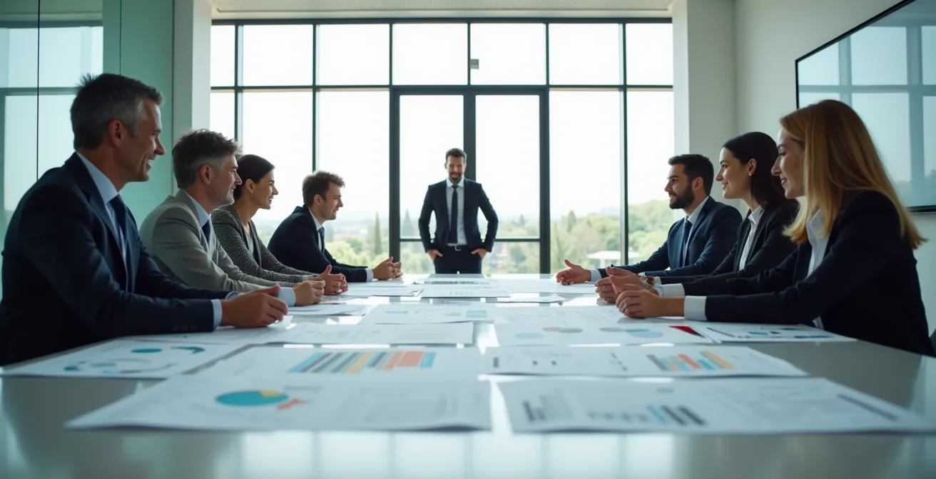 Professional setting showing collaborative decision-making process with data visualization