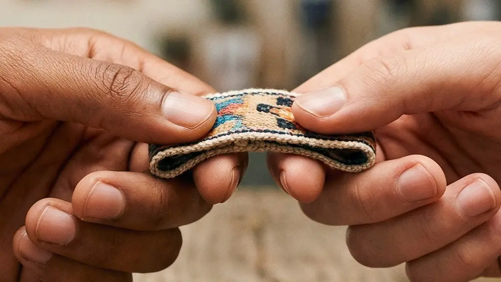 Close-up macro shot of diverse hands exchanging small handcrafted objects across a wooden table, symbolizing cultural exchange and collaboration on a university campus.