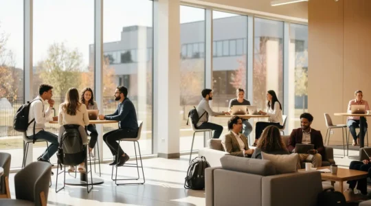 Diverse university students collaborating in vibrant campus common areas