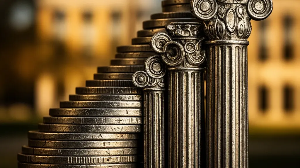 Visual metaphor for utilizing free campus resources to minimize startup costs, showing coins turning into architectural columns.