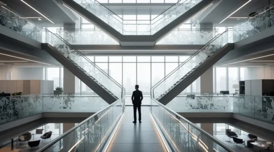 Professional at career crossroads looking at interconnected pathways representing different career opportunities