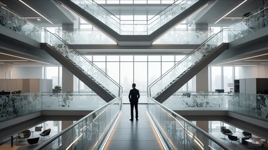 Professional at career crossroads looking at interconnected pathways representing different career opportunities