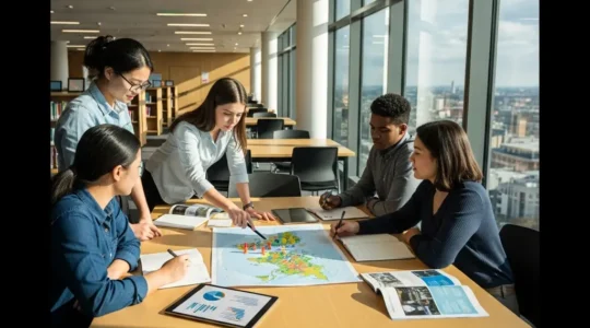 Student analyzing international academic opportunities on a world map with career paths highlighted