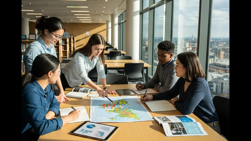 Student analyzing international academic opportunities on a world map with career paths highlighted