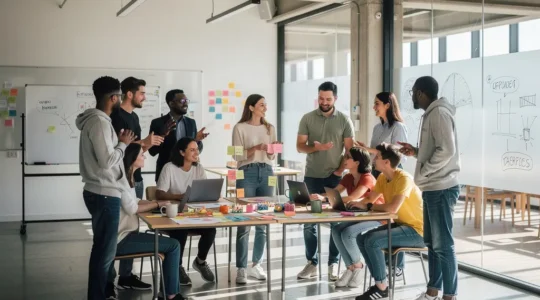 Students engaged in collaborative workshop with sticky notes and whiteboards in modern university space