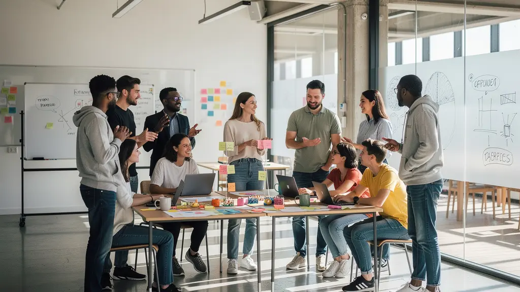 Students engaged in collaborative workshop with sticky notes and whiteboards in modern university space