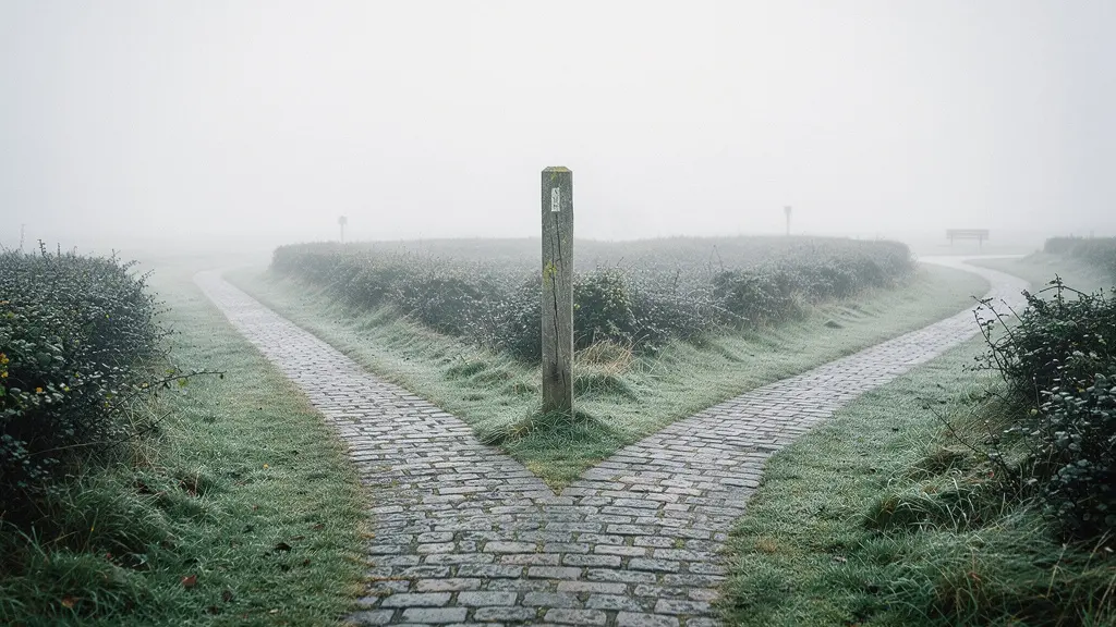 A single paved path splitting into two distinct directions at a quiet crossroads in a minimalist landscape, symbolizing the choice between concurrent and consecutive degree formats