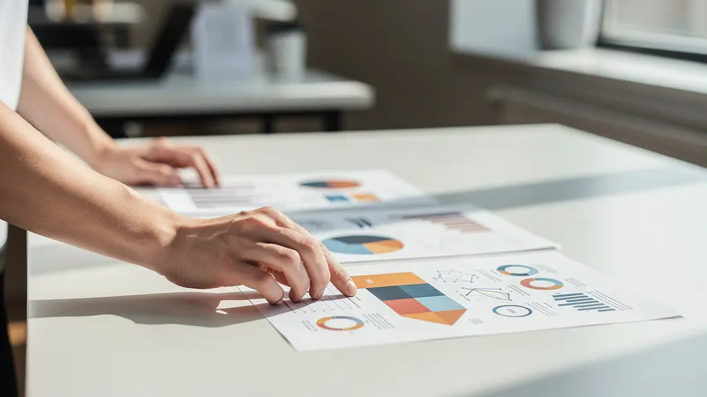 Professional arranging portfolio documents on clean desk with strategic planning notes