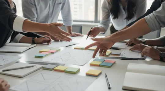 Professionals collaborating on complex problem-solving with design thinking tools