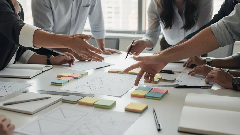 Professionals collaborating on complex problem-solving with design thinking tools