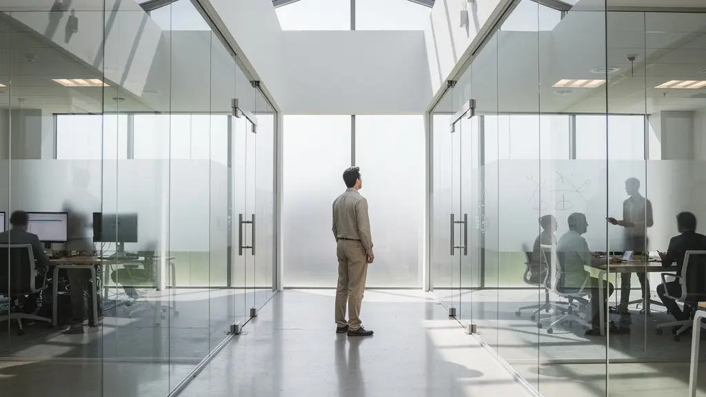 Professional at a symbolic career crossroads between coding and leadership paths