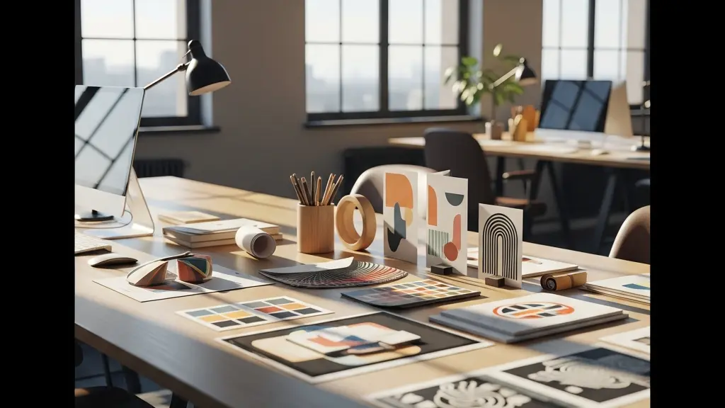 Creative workspace with multiple design elements and portfolio materials