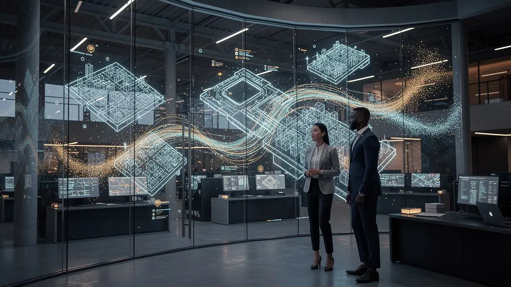 Wide shot of supply chain control center with holographic warehouse visualization showing real-time inventory flow