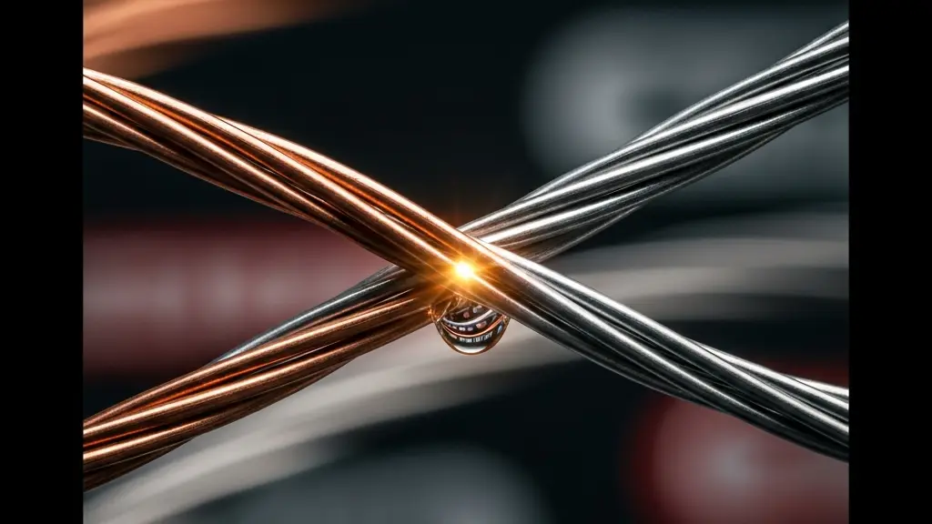 Two separate clusters of tangled metallic threads converging at a single bright intersection point, representing the brokerage advantage of dual alumni networks