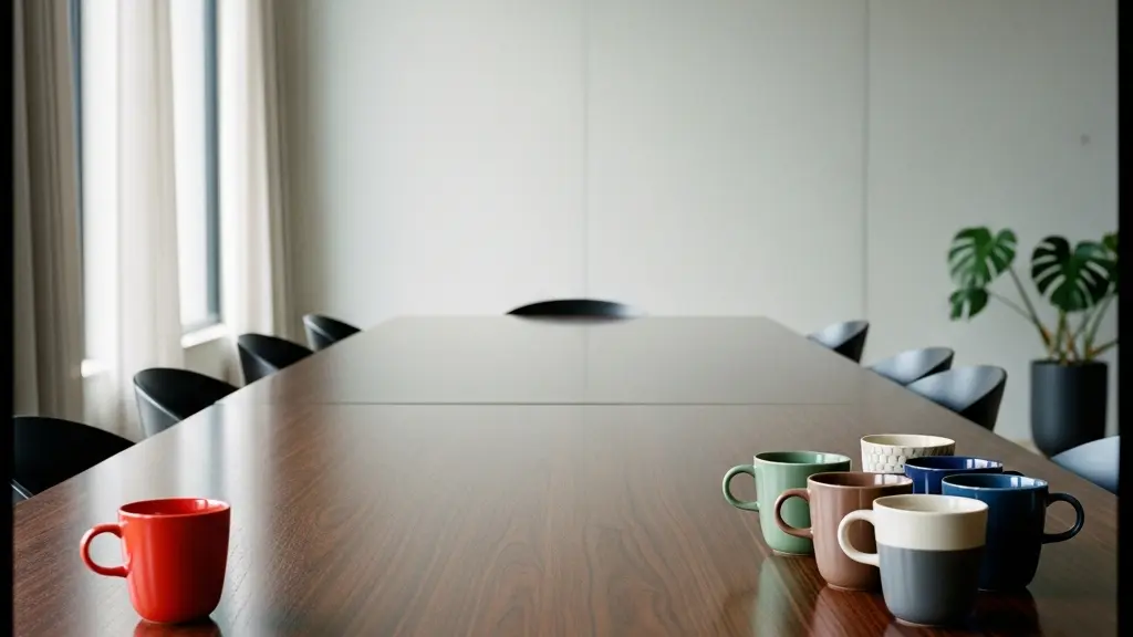 A single bright red ceramic cup sitting isolated on one side of a long empty wooden conference table, facing a row of different colored cups grouped together on the other side, symbolizing cultural isolation in business.