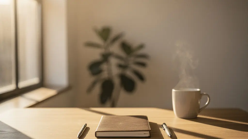A minimalist workspace with a closed notebook, a warm cup, and soft window light creating a contemplative atmosphere of mentorship preparation
