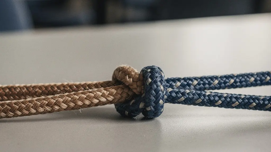 Two braided cords joining into one knot on a clean tabletop, symbolizing co-founder matching through digital signals and compatibility testing.