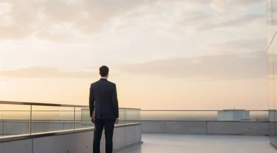 A solitary professional figure standing at the edge of a vast, luminous architectural structure gazing toward a bright horizon, symbolizing the leap into unknown future management roles.