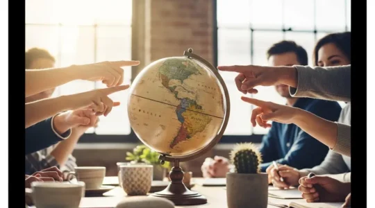 A diverse group of young professionals gathered around a large globe in a modern open workspace, with warm natural light streaming through large windows, symbolizing the intersection of international education and local career growth.