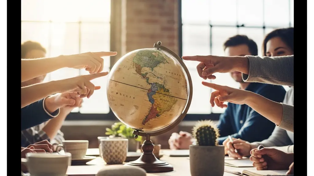 A diverse group of young professionals gathered around a large globe in a modern open workspace, with warm natural light streaming through large windows, symbolizing the intersection of international education and local career growth.