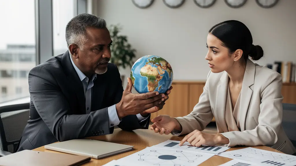 Business professionals evaluating international partnership models with risk assessment framework