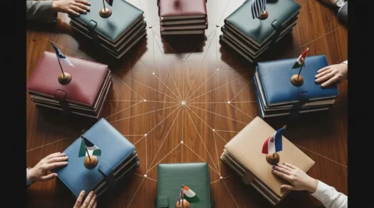 Aerial view of a large conference table with diverse professionals collaborating over global documents and regional flags, symbolizing international regulatory navigation