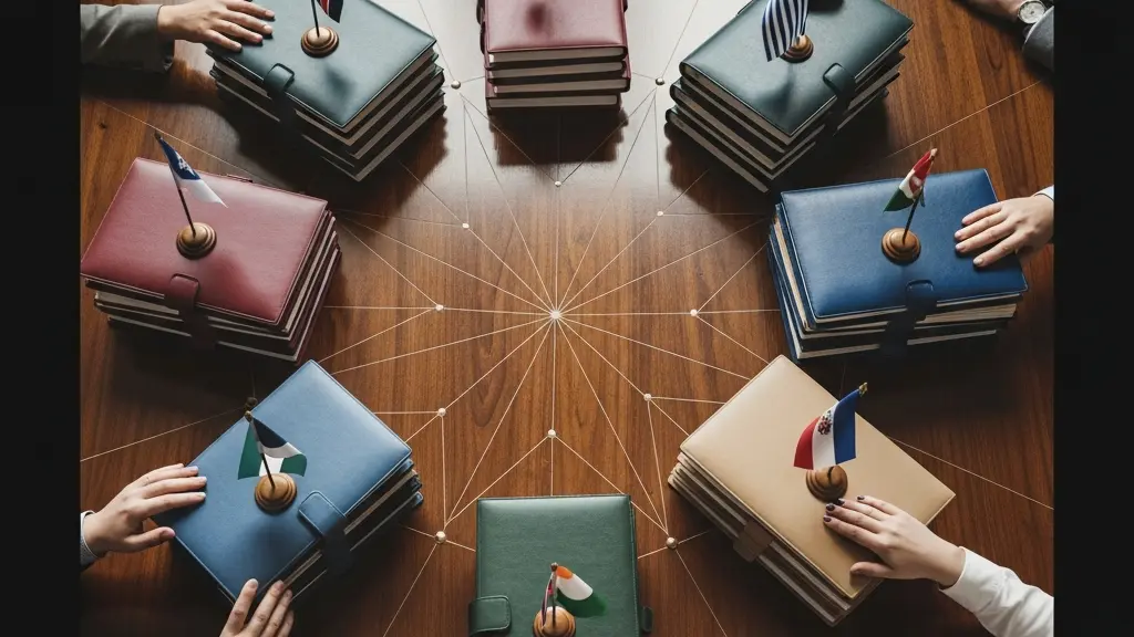 Aerial view of a large conference table with diverse professionals collaborating over global documents and regional flags, symbolizing international regulatory navigation