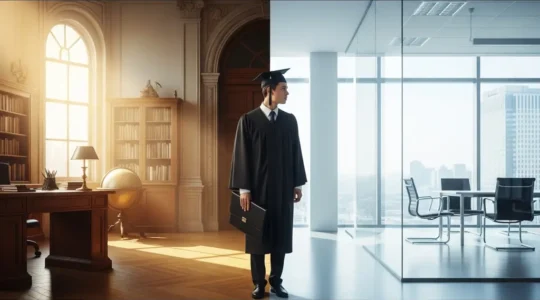 Young professional at threshold between academic and corporate environments