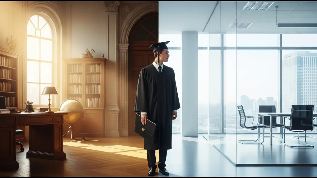 Young professional at threshold between academic and corporate environments