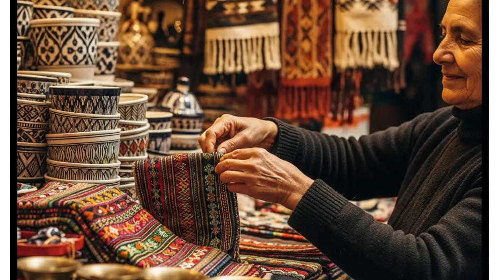 A warm, richly detailed traditional market stall overflowing with colorful handcrafted textiles and ceramics, contrasted against a stark white minimalist empty shelf beside it, illustrating the tension between high-context richness and minimalist emptiness.