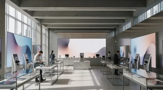 Wide shot of a crowded modern retail space with customers browsing but not purchasing