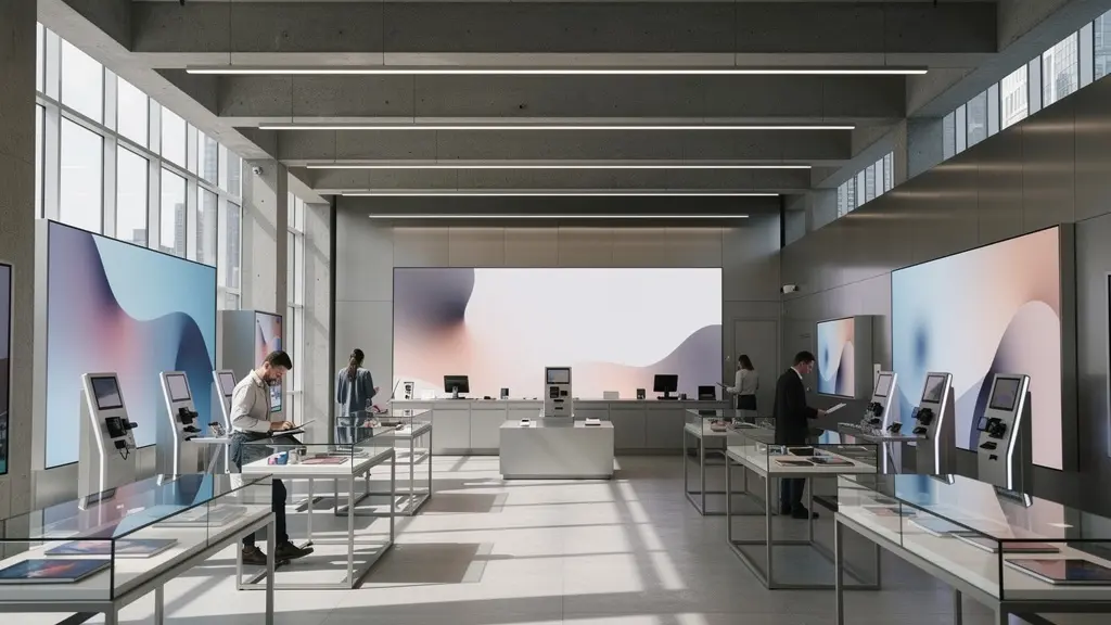 Wide shot of a crowded modern retail space with customers browsing but not purchasing