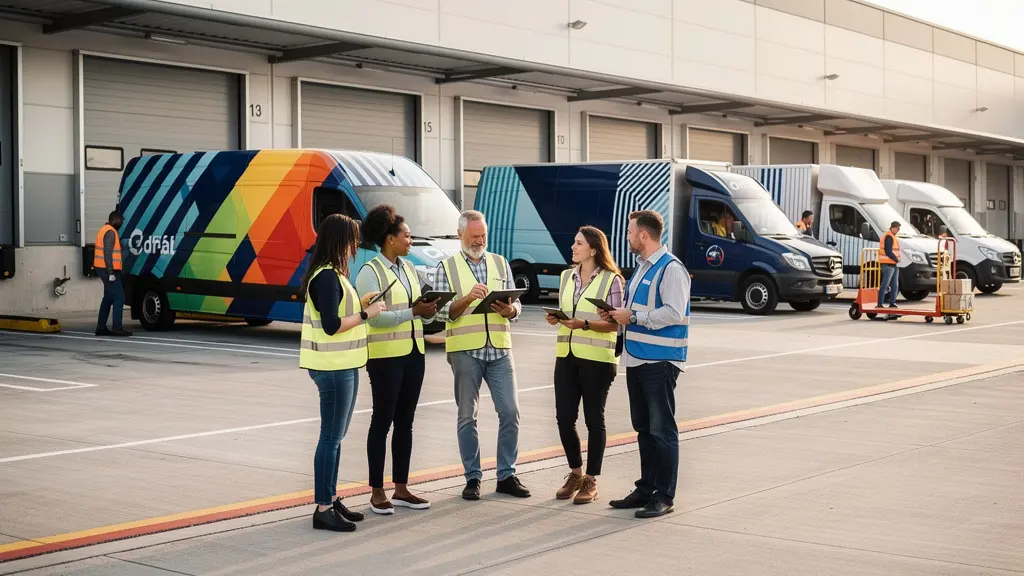 Warehouse with mixed fleet of branded and third-party delivery vehicles