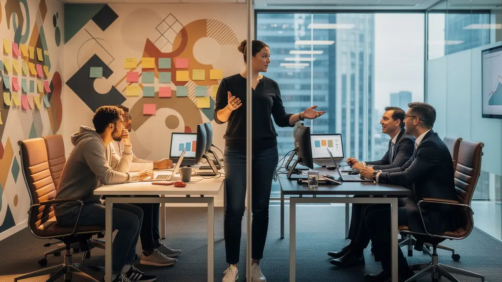 A symbolic image showing an agile data team working in a creative pod, connected to a formal corporate structure through a single person acting as an interface.