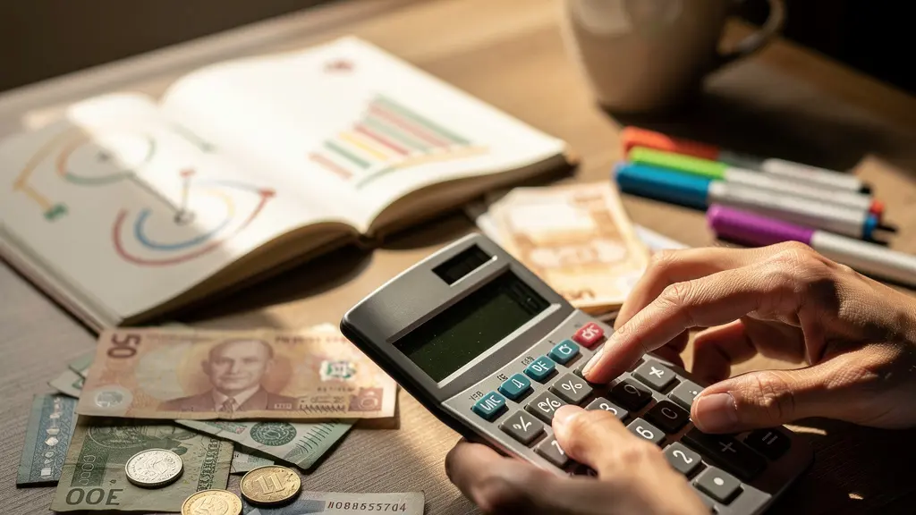 Student workspace with a calculator, multiple currency notes arranged, and budget planning materials on a desk