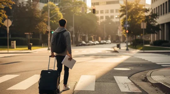 International student standing at crossroads with luggage and documents, facing multiple paths representing different study abroad challenges