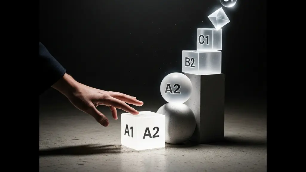 Visual metaphor showing language learning progression hitting an invisible ceiling at the A2 level, with higher levels appearing out of reach.