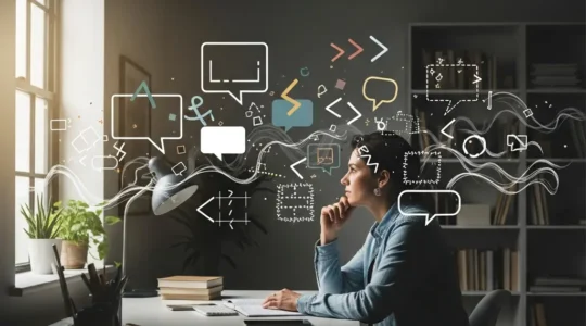 Person in home environment surrounded by floating language elements showing digital immersion for C1 language mastery