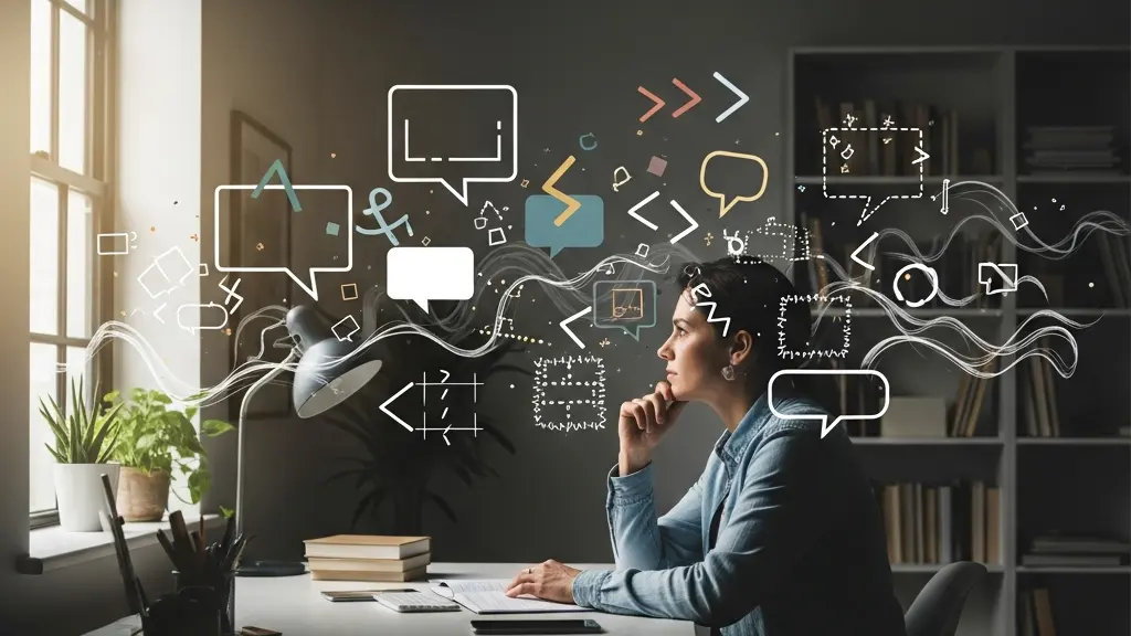 Person in home environment surrounded by floating language elements showing digital immersion for C1 language mastery