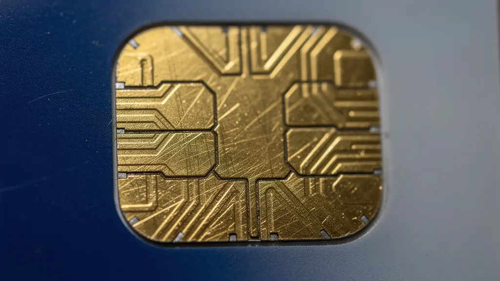 Extreme close-up of a bank card chip showing intricate gold textures and circuit details.